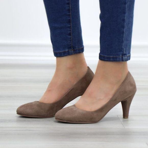 Dark Taupe Suede Round Toe Kitten Low Heel Pumps - Picture 7 of 8